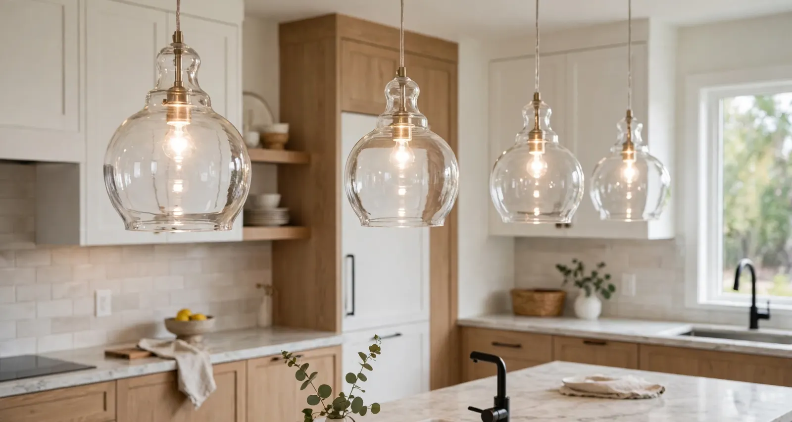 Glass pendant lights over a kitchen counter